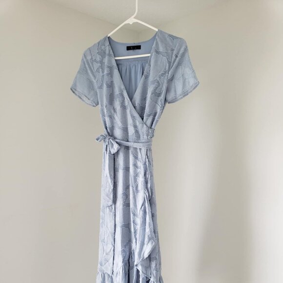 Lulu's Light Blue Jacquard Midi Wrap Dress - Picture 1 of 5